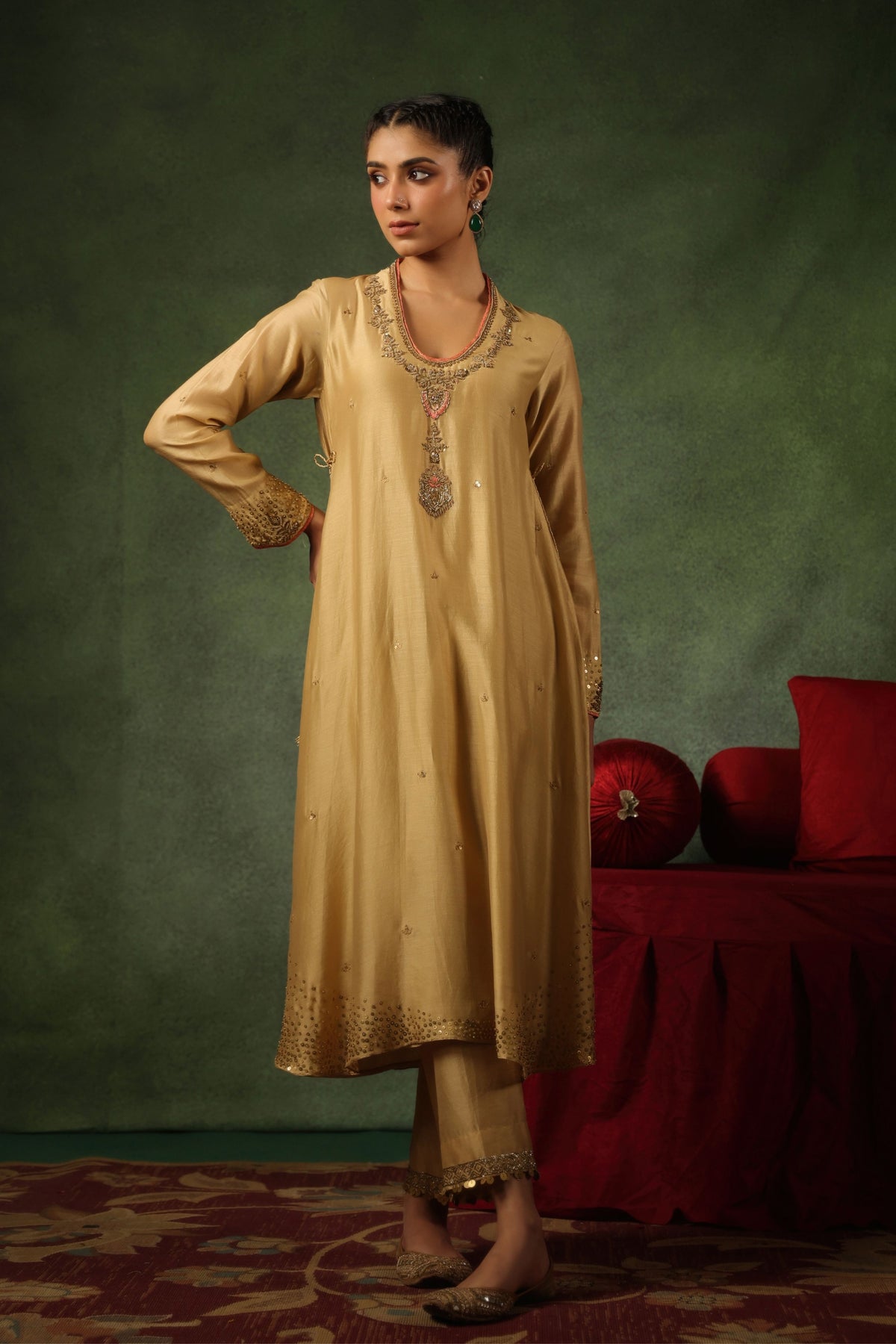 Beige Paan Buta Kurta Set