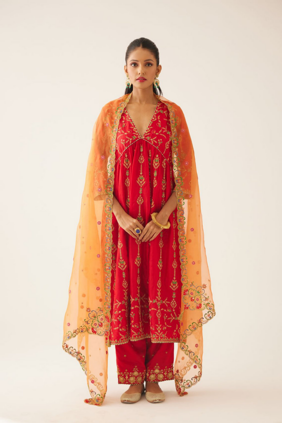 Red Silk Embroiderd Kurta Set