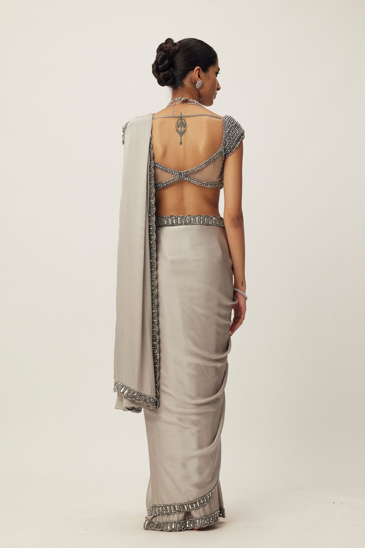 Crystal Grey Satin Saree Set