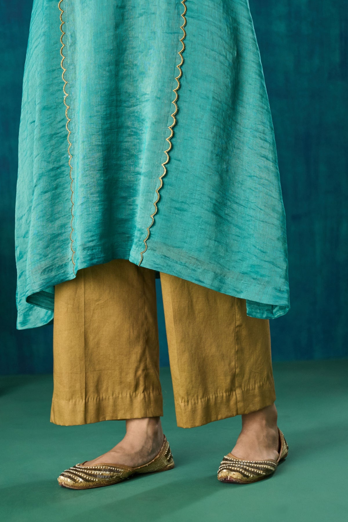 Teal Zari Stripe Kurta Sets