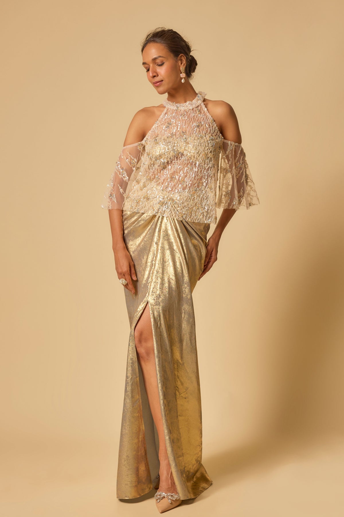 Gold Metallic Embroidered cape set