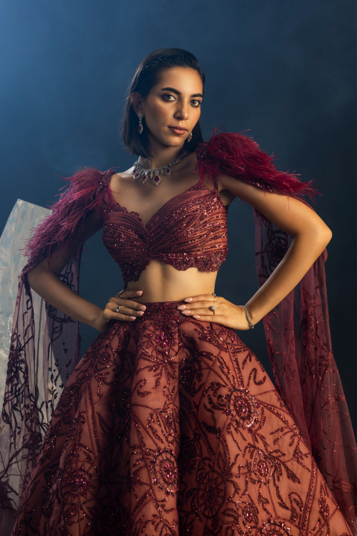 Wine Dewdrop Lehenga