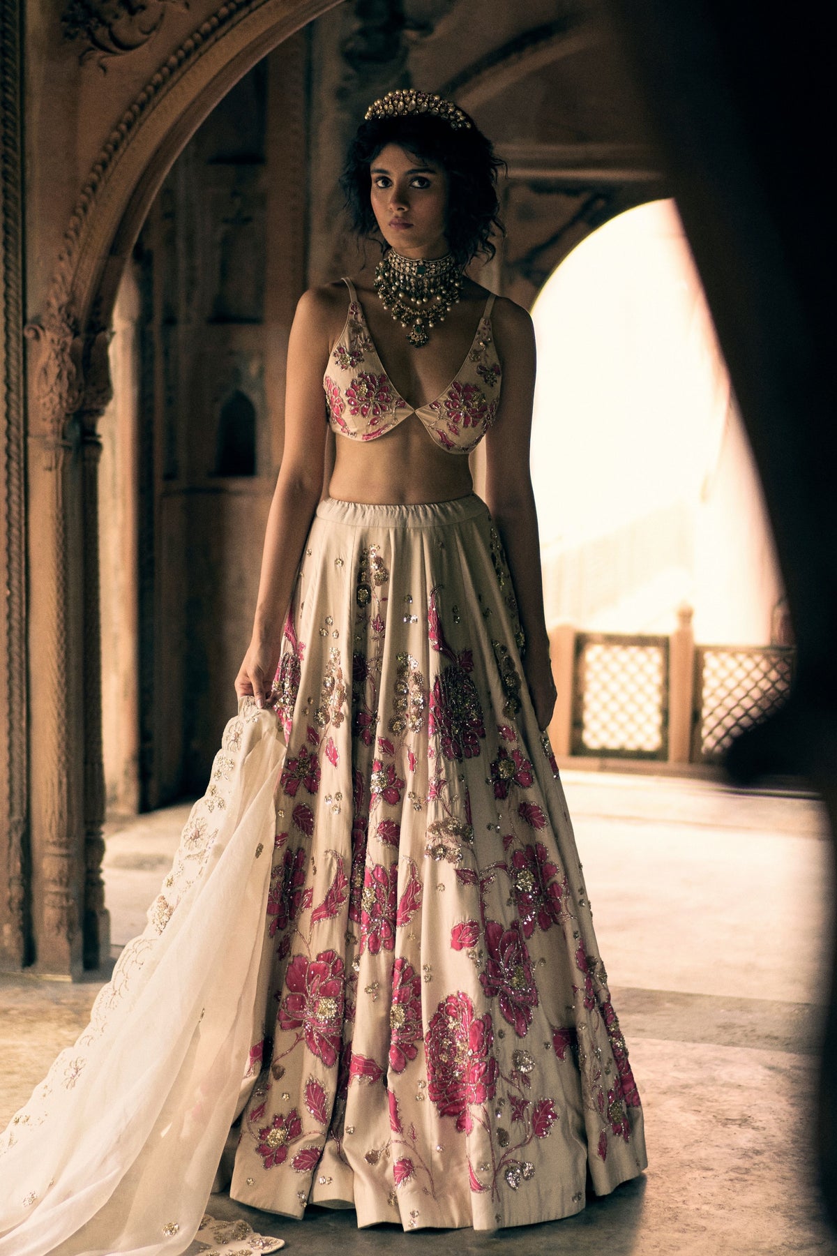 Pink Floral Print Lehenga Set