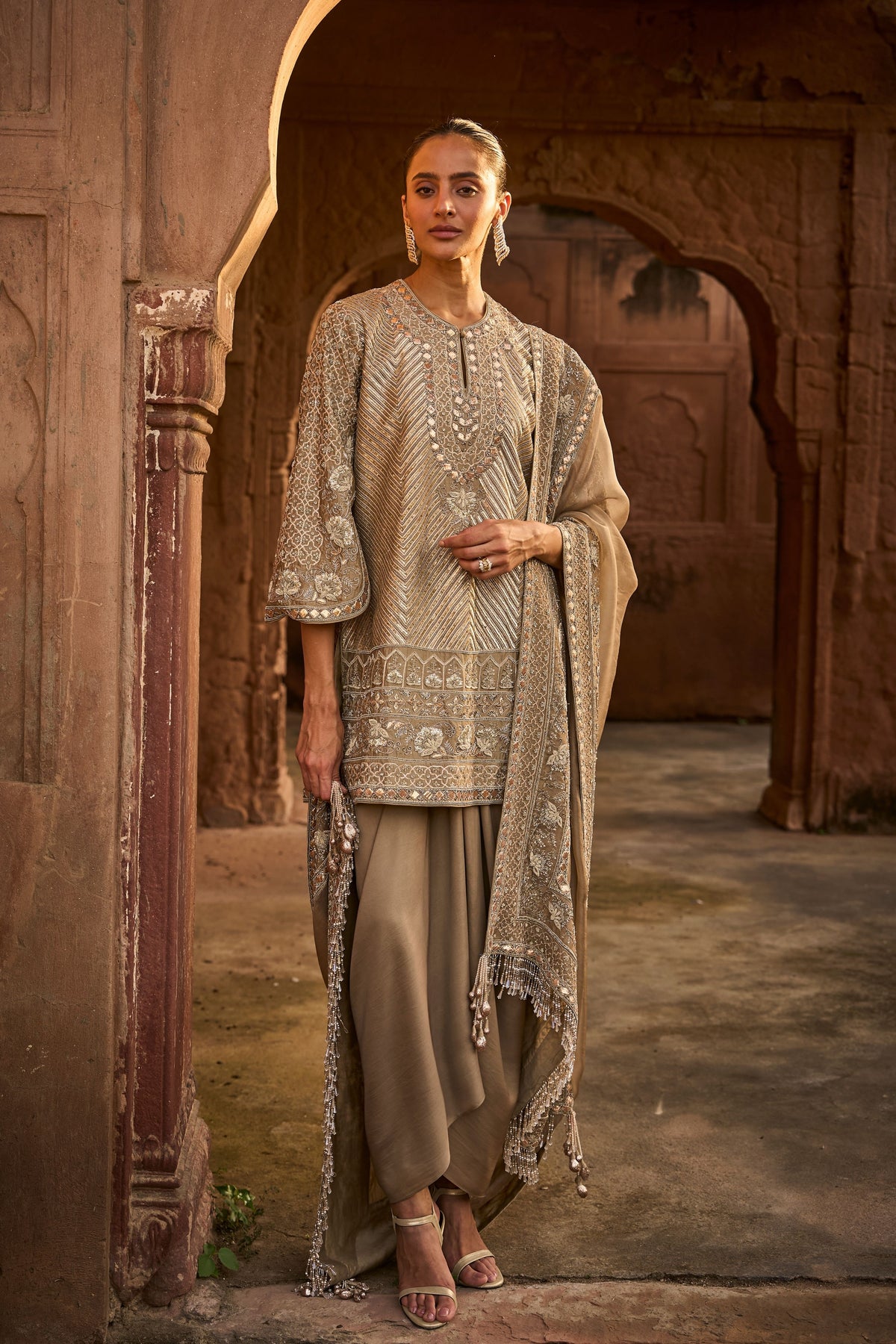 Embroidered Golden Beige Kurta Set