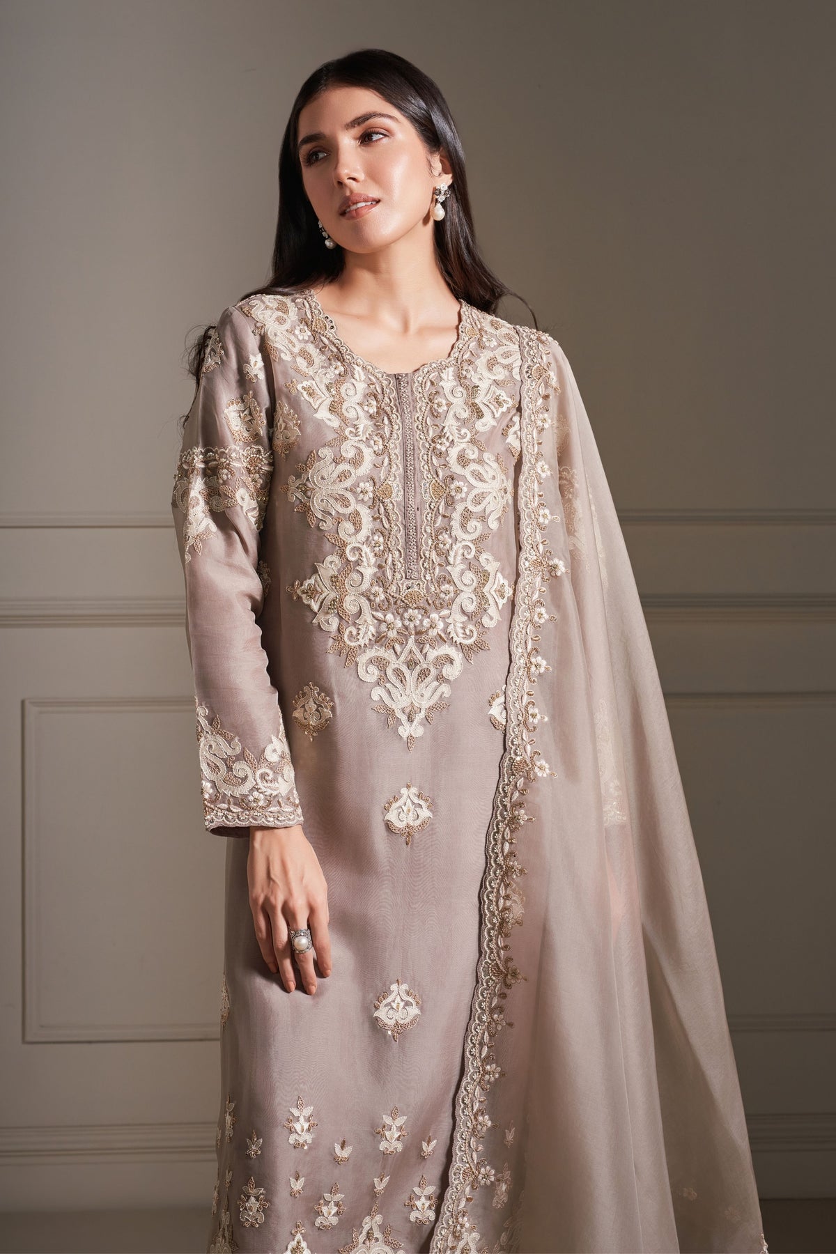 Taupe Hand Embellished Kurta Set