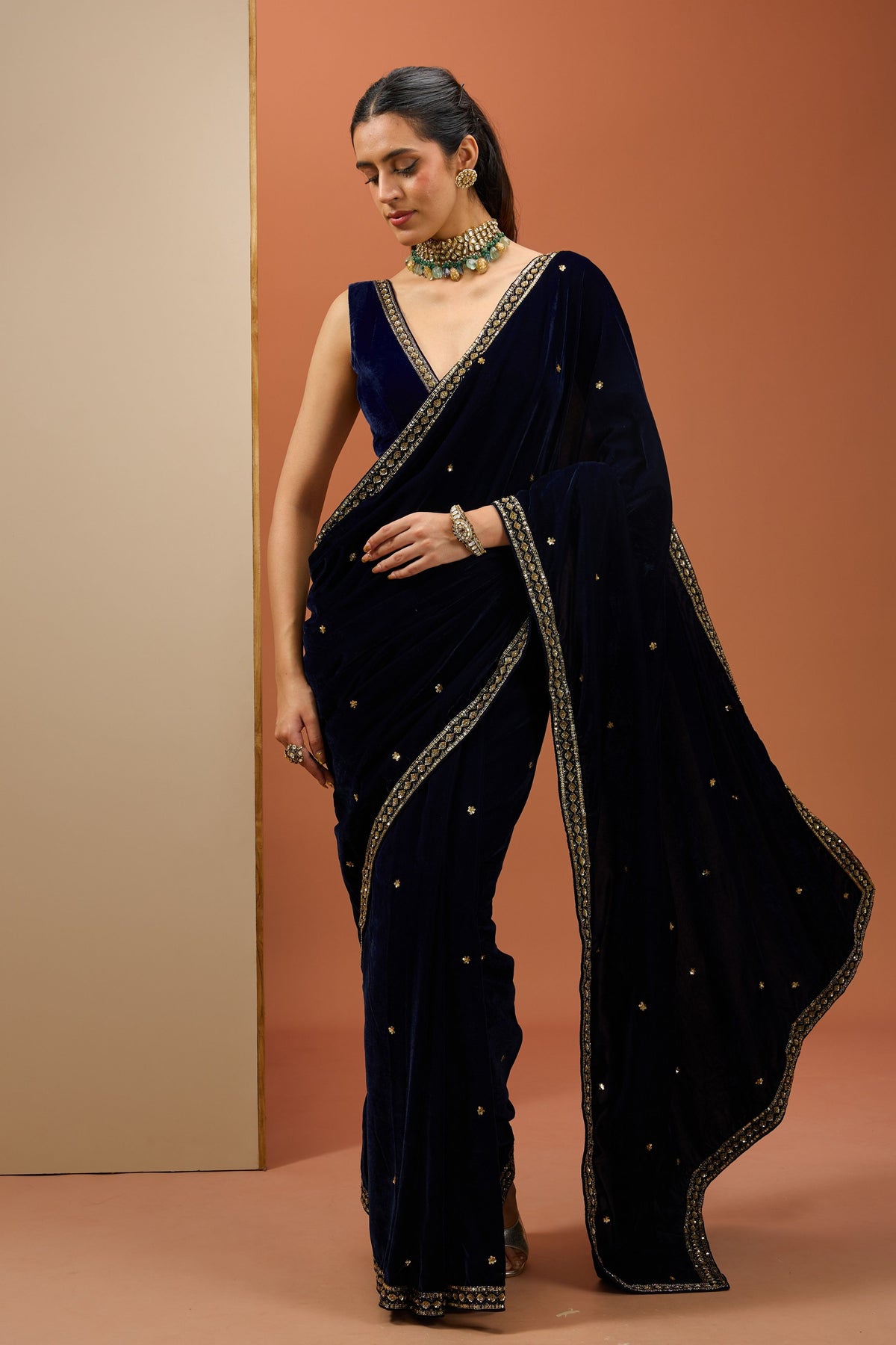 Blue Velvet Saree Set