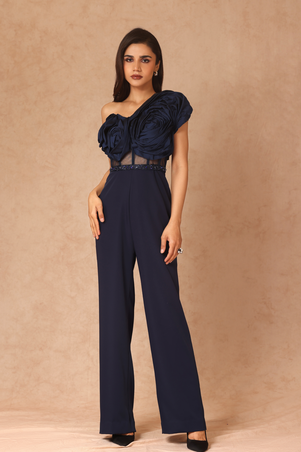 Taffeta Draped Jumpsuit With Belt