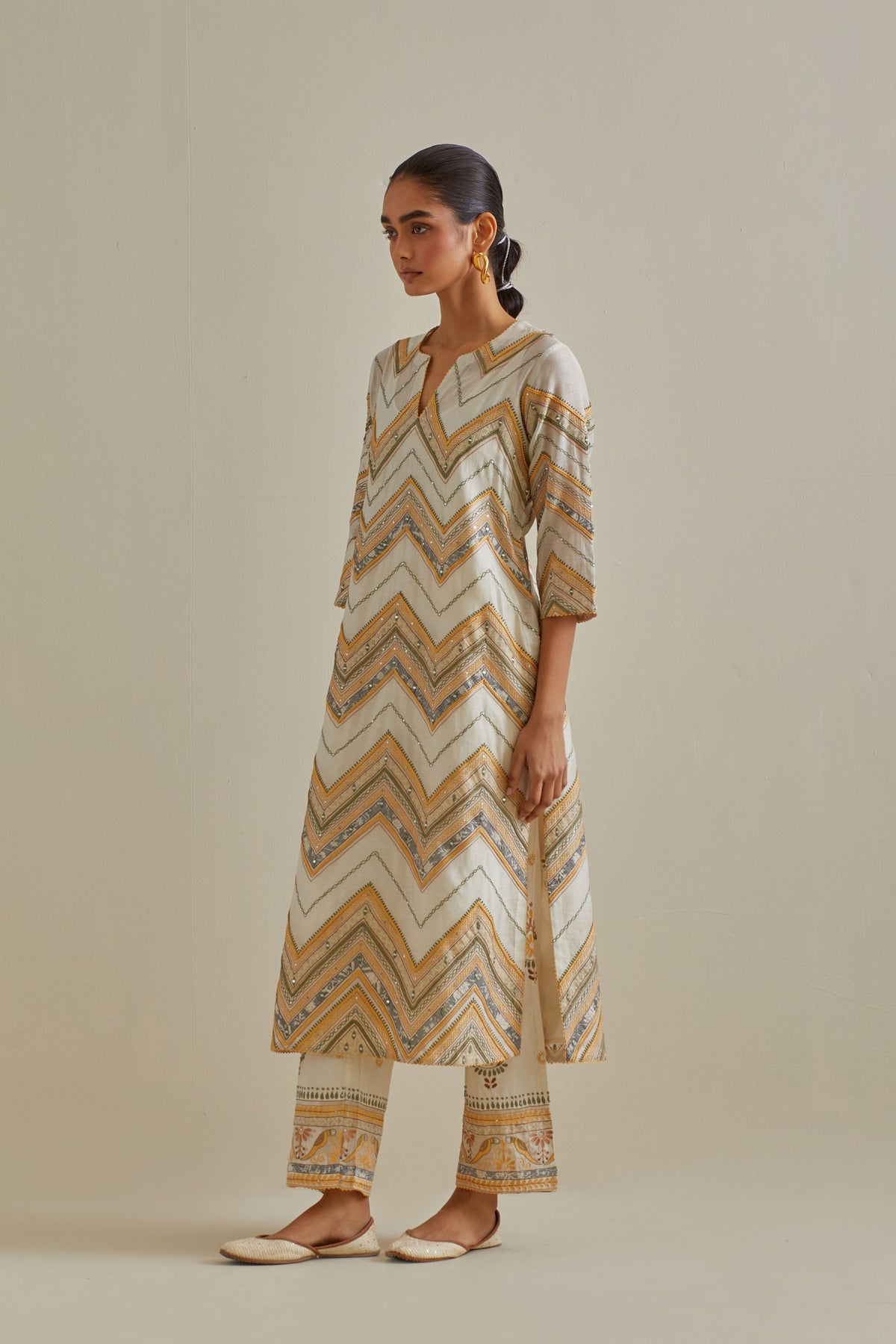 Yellow Chevron Pattern Kurta Set