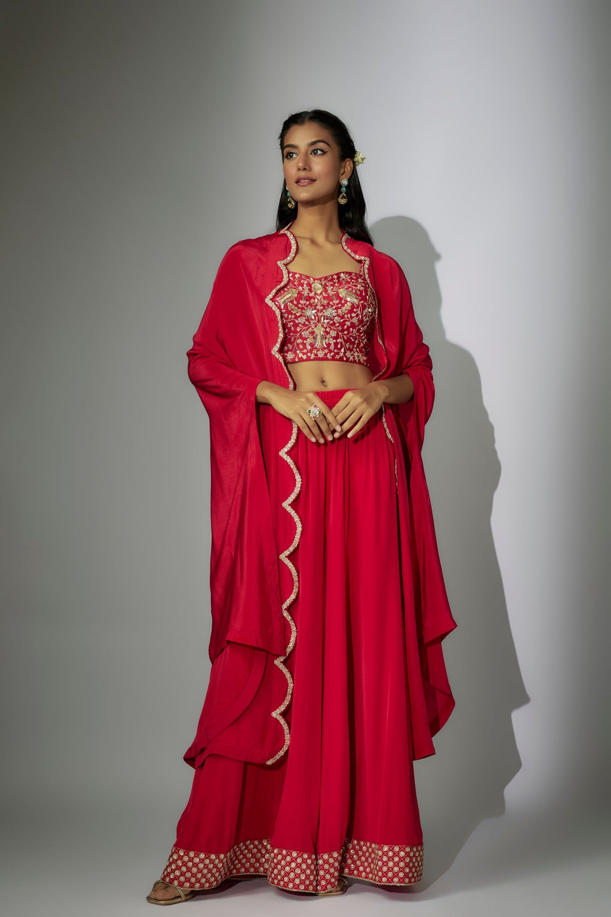 Cherry Red Embroidered Sharara Set