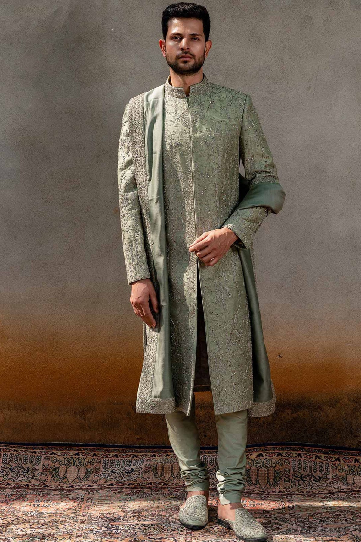 Mint Green Embroidered Sherwani Set