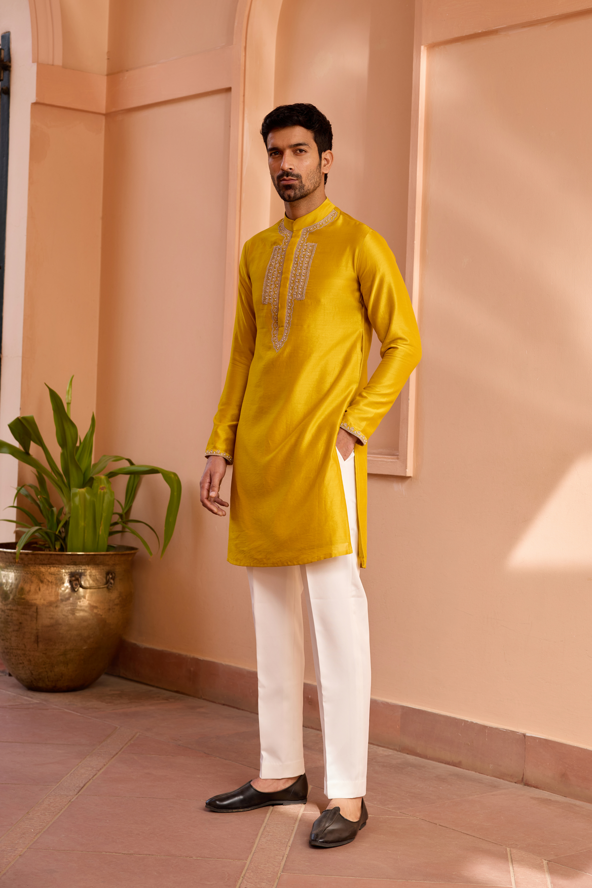 Yellow dori and hand embroidered silk kurta