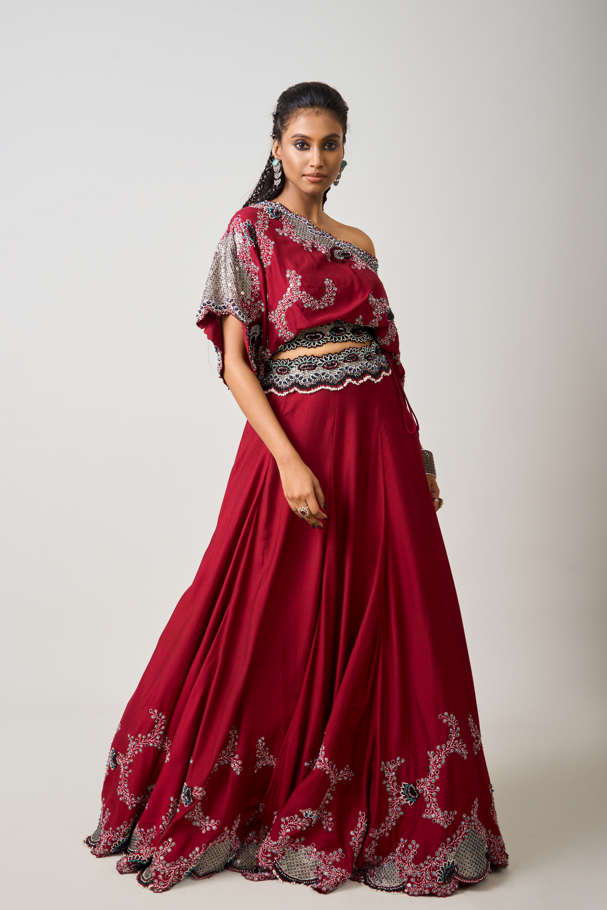 Burgundy Off-shoulder Lehenga Set