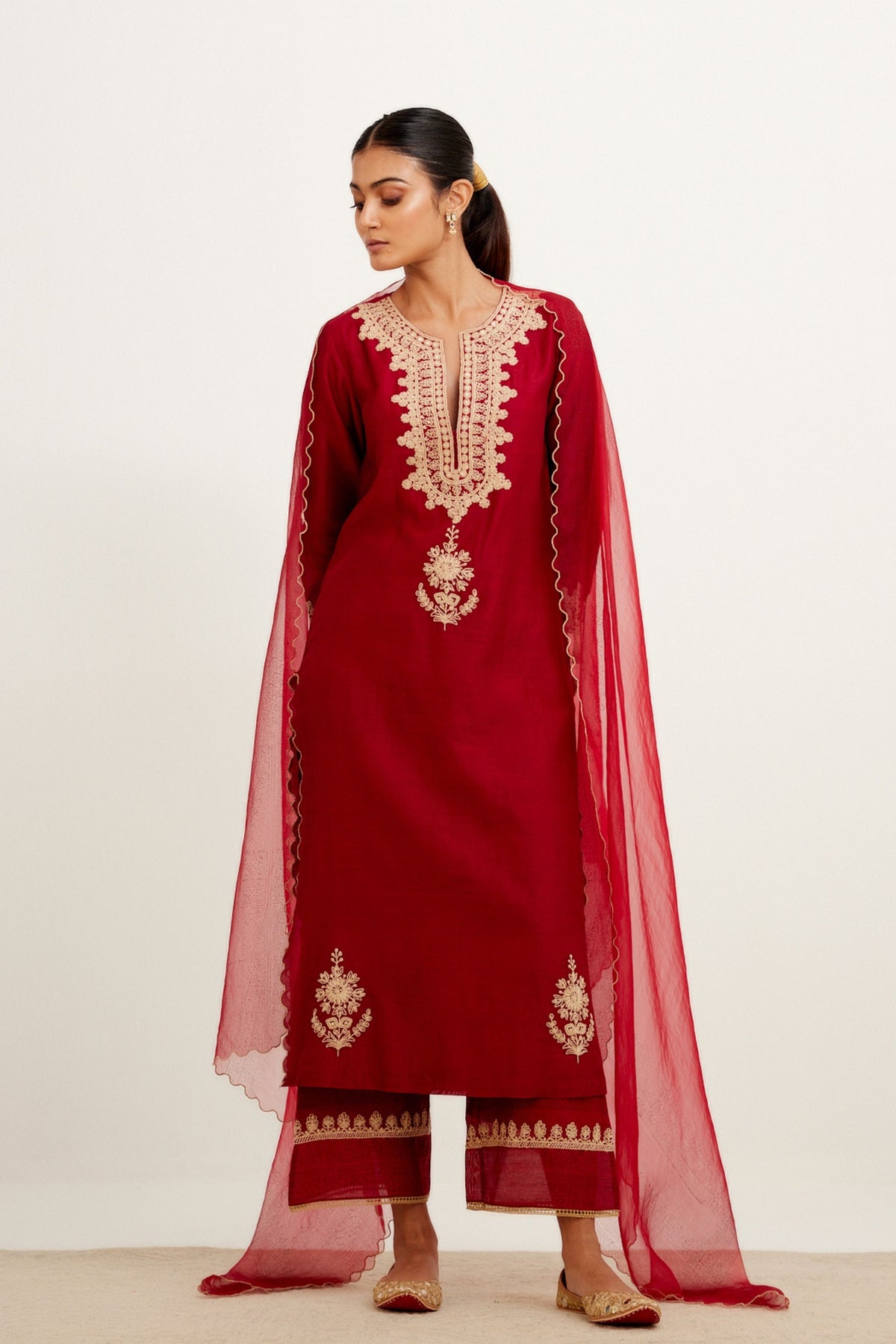 Maroon Dori Embroidered Kurta Set