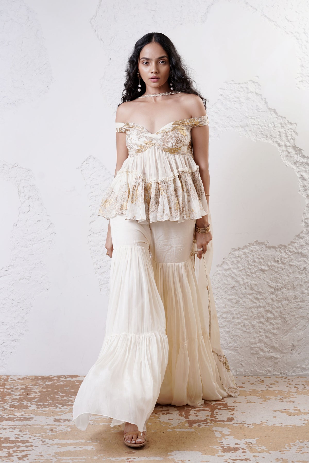 Ivory Offshoulder Sharara Set