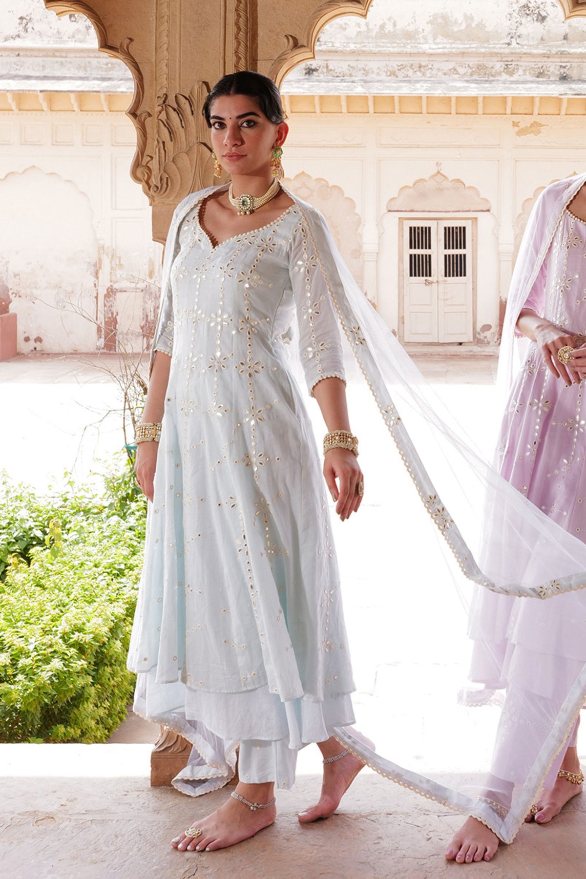 Ice Blue Flower Anarkali Set