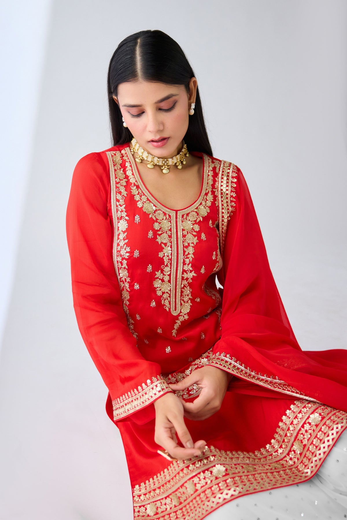 Red Zari Work Organza Sharara Set