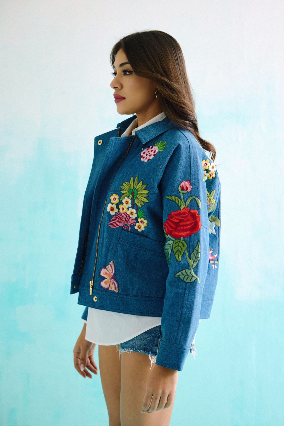 Denim Embroidered Floral Biker Jacket