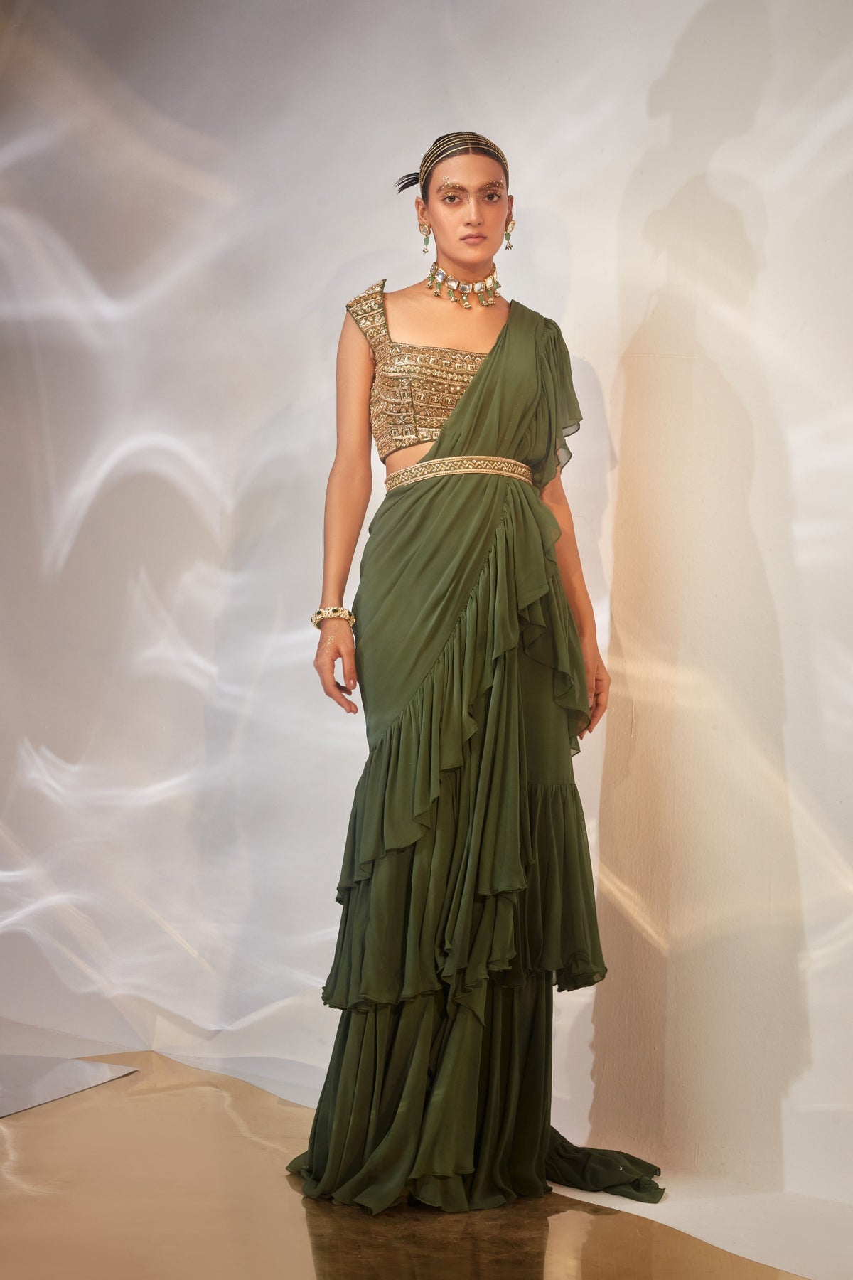 Green Ruffle Drape Saree