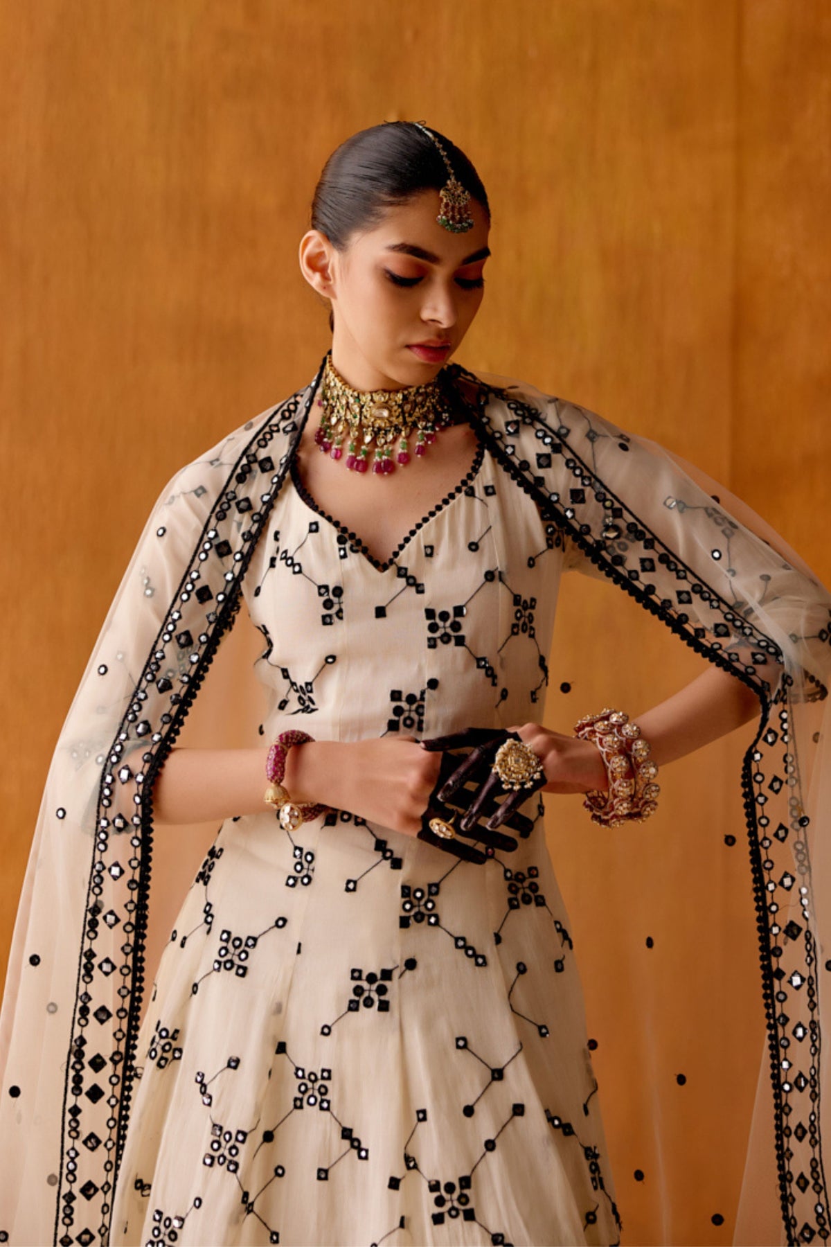 Black &amp; White Embroidered Anarkali Set