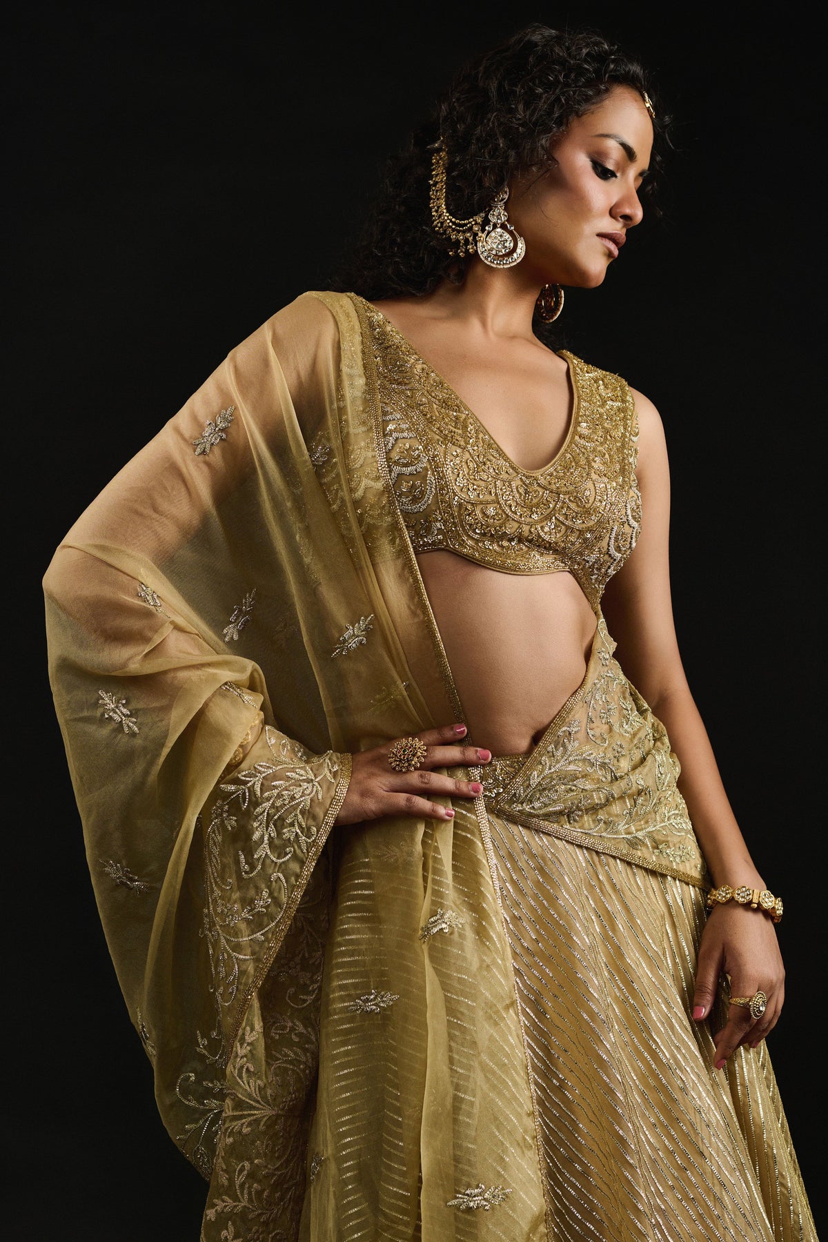 Al-malika Golden Lehengsa Set