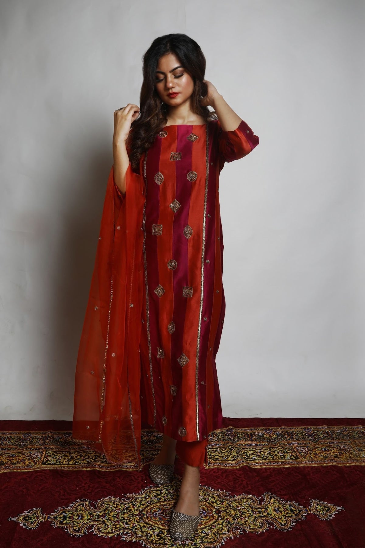 Rust &amp; Magenta Embroidered Kurta Set