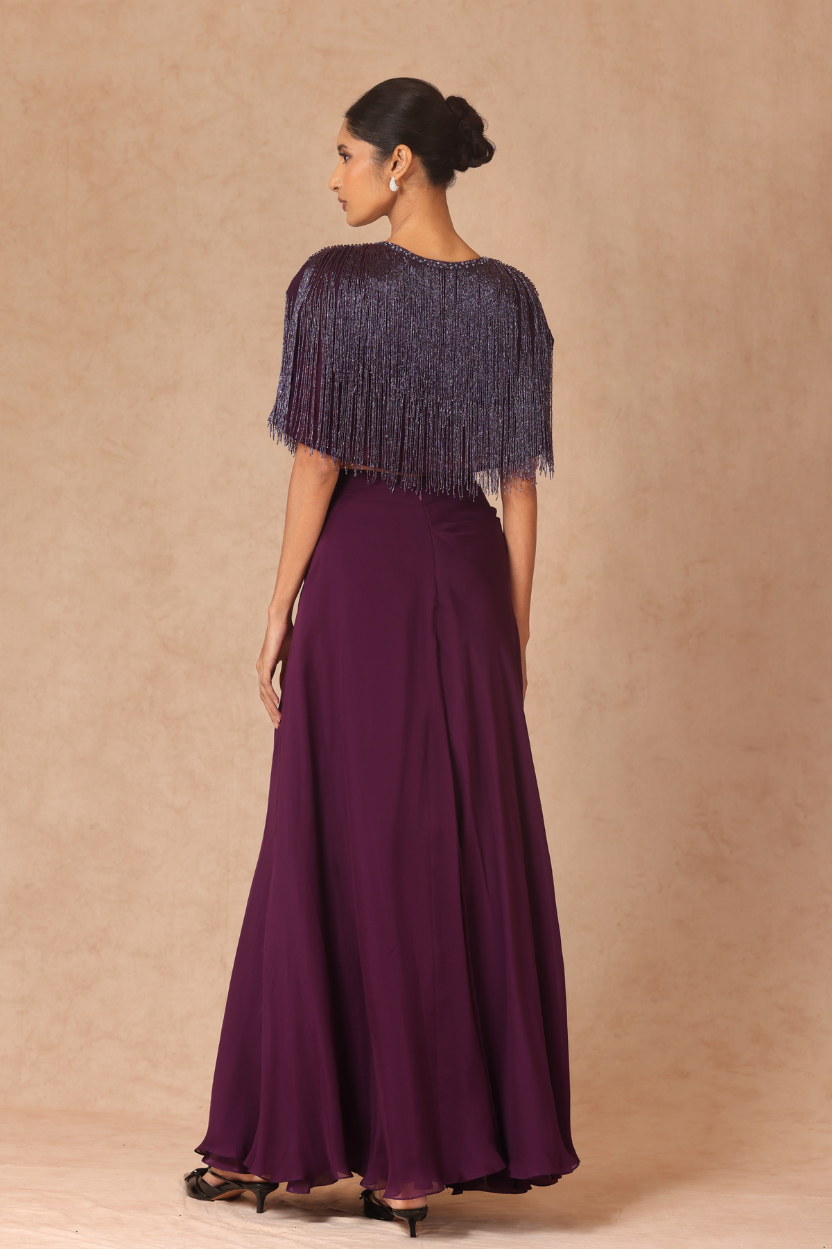 Fringe Capelet With Chiffon Skirt &amp; Ruched Bandeau