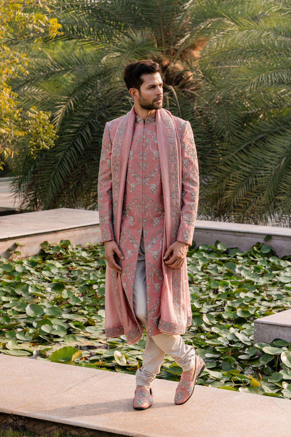 Peach Embroidered Sherwani Set