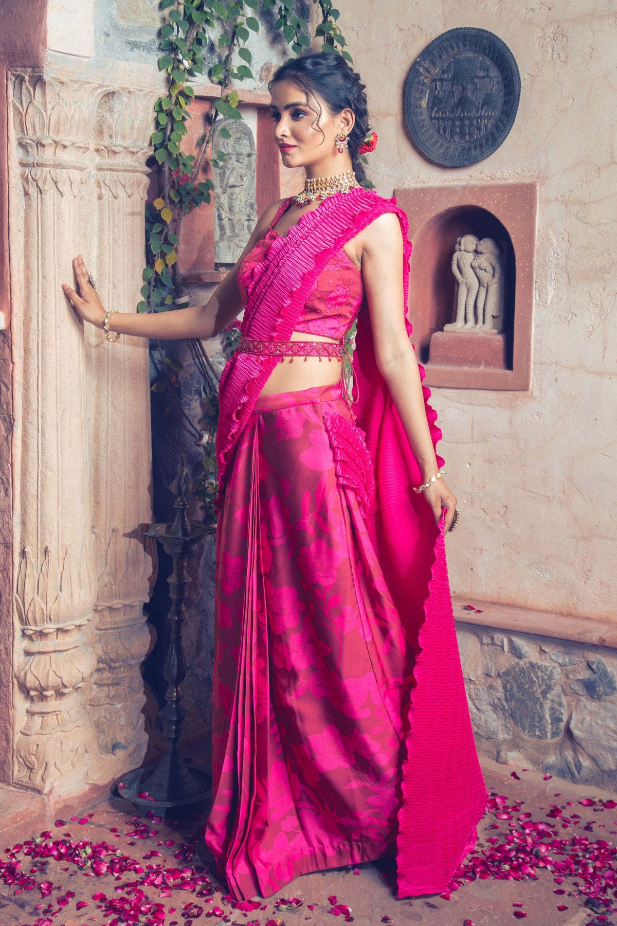 Maroon and Hot Pink Embroidered Drape Saree Set