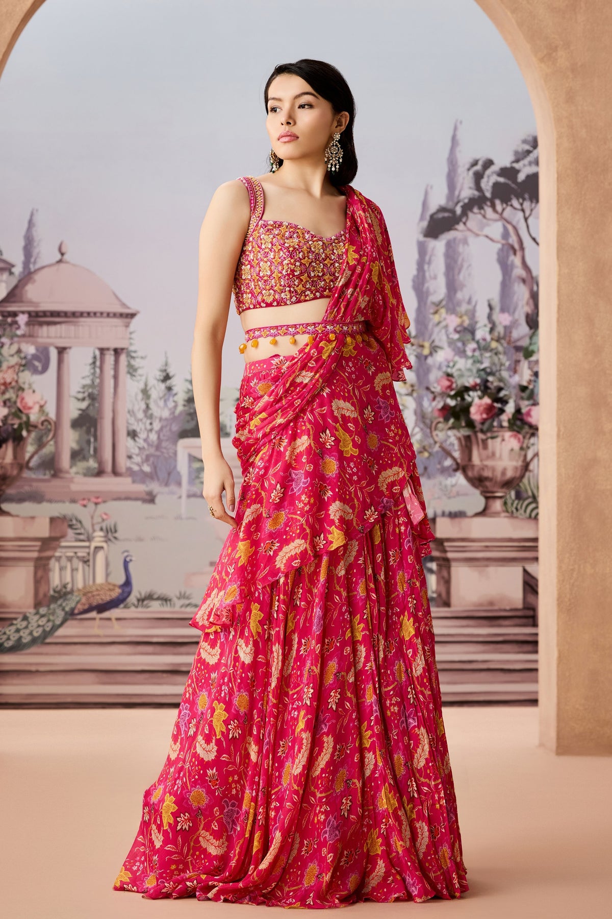 Ntu Fuschia Chintz Saree Set