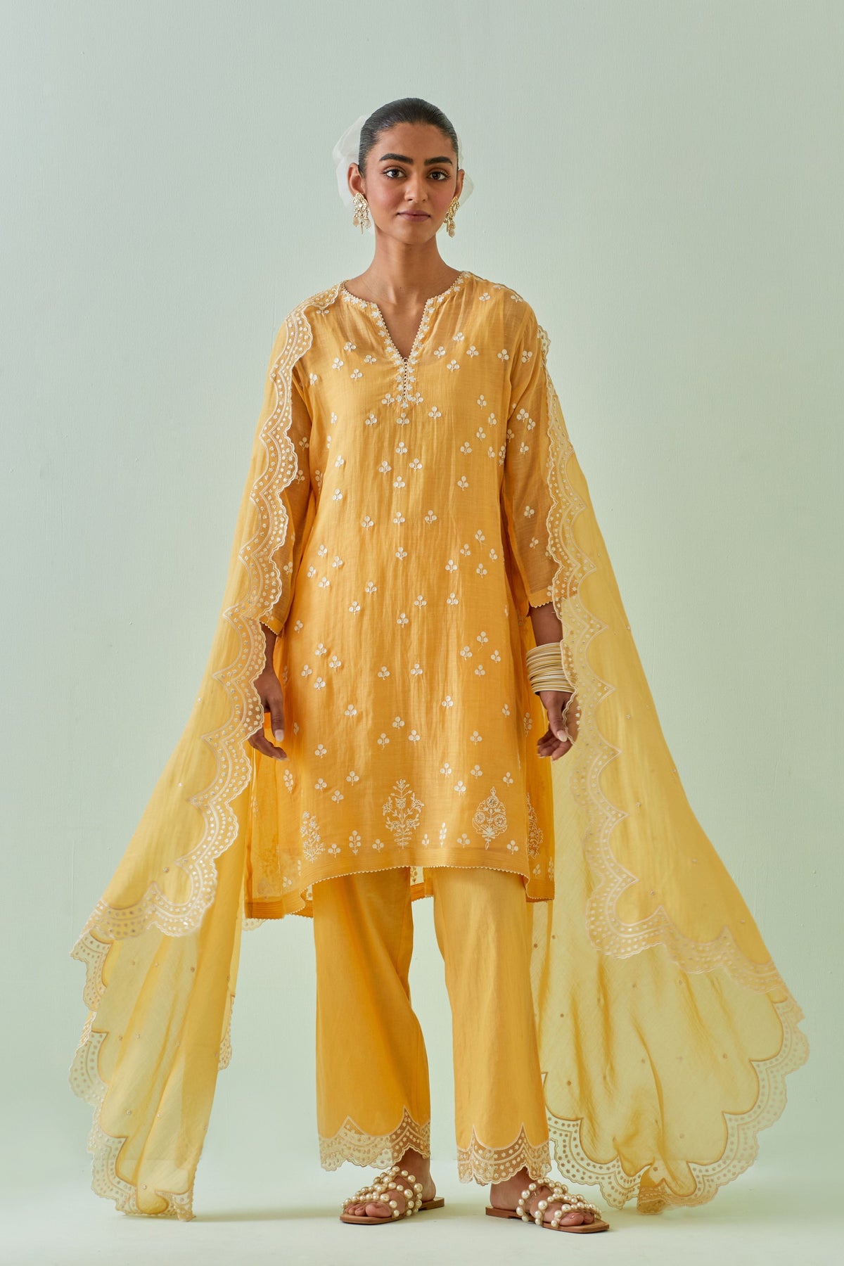 Yellow Embroidered Kalidar Kurta Set