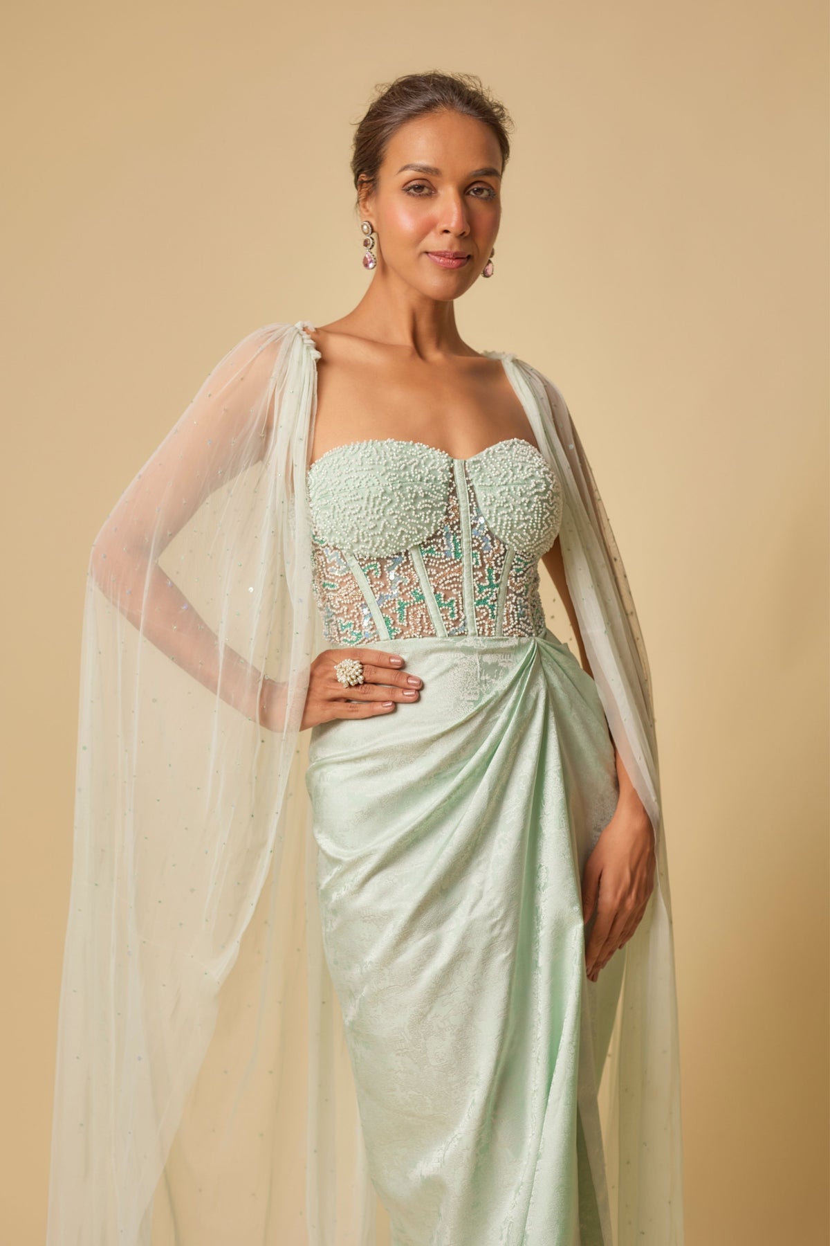 Mint Brocade Embroidered Gown Set