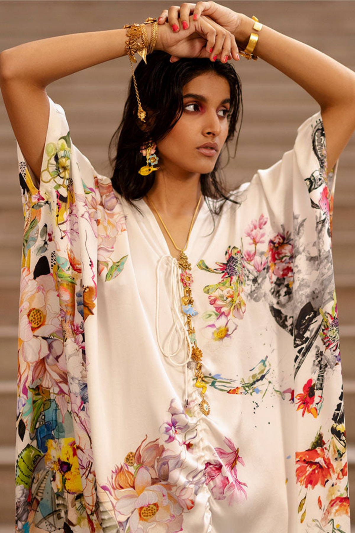 Graphic Printed Drawstring Kaftan