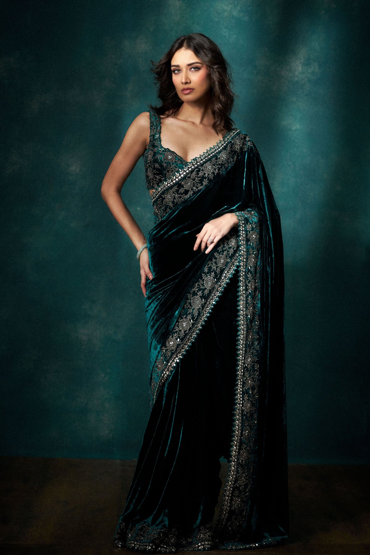 Teal Velvet Saree