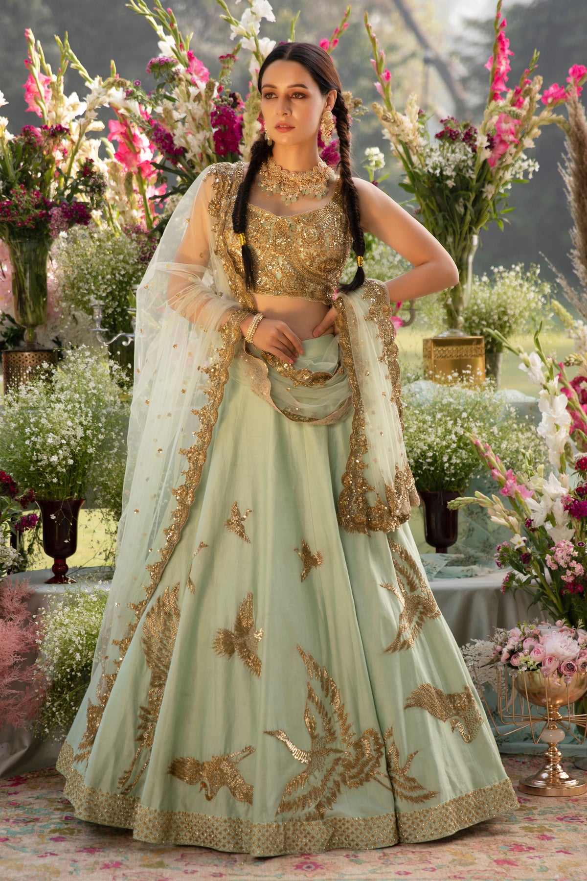 Sage Green Bird Lehenga Set