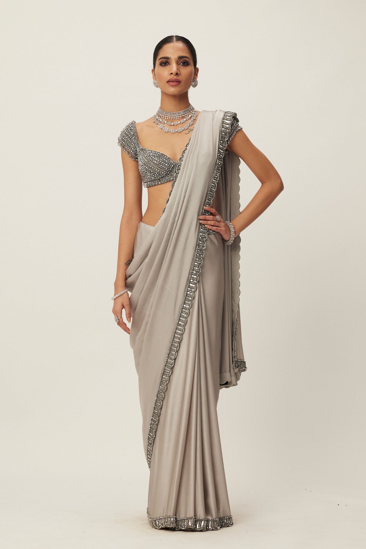 Crystal Grey Satin Saree Set