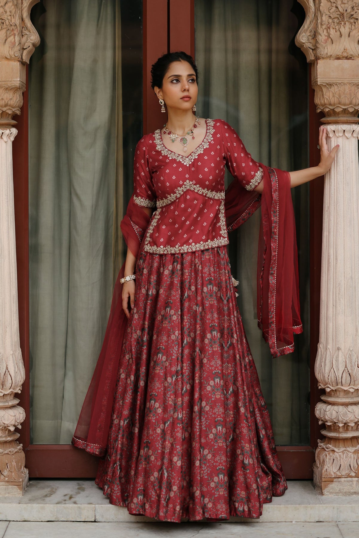 Red Embroidered Lehenga Set