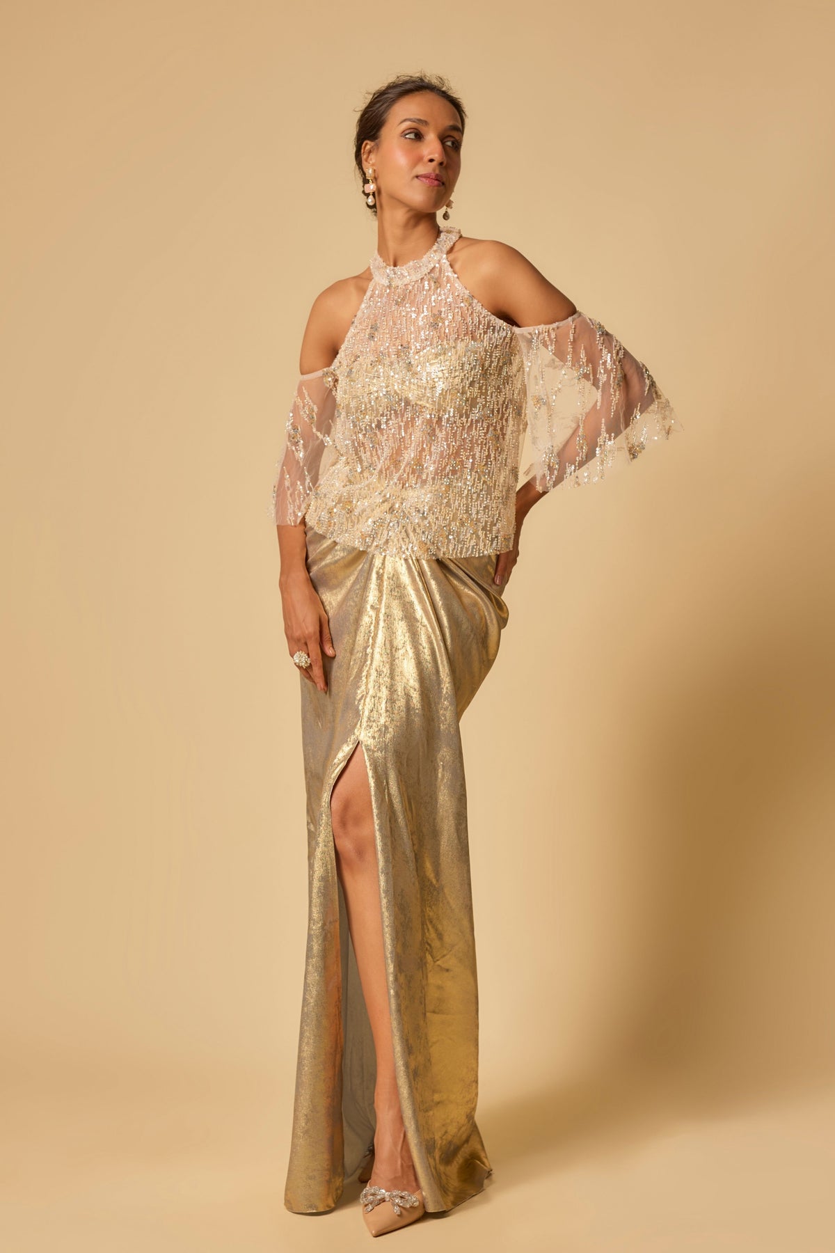 Gold Metallic Embroidered cape set