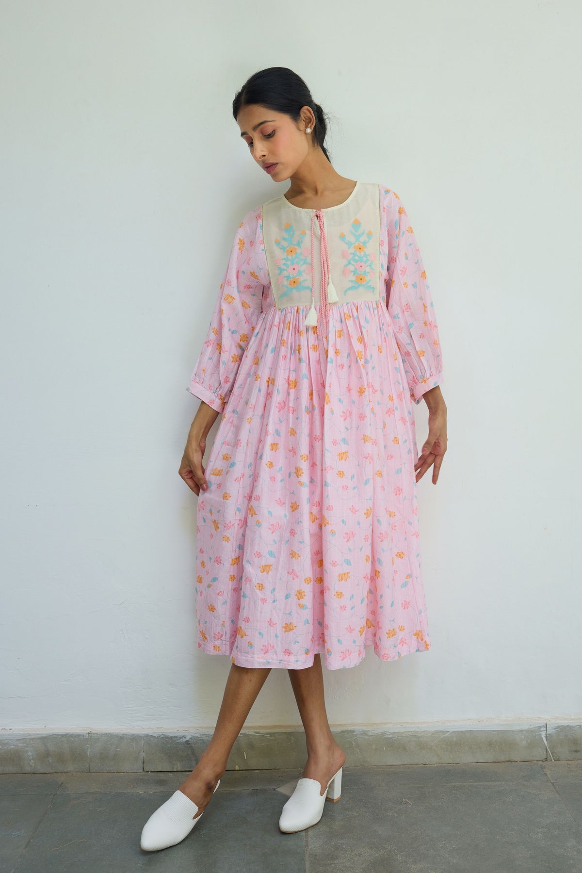 Pink Floral Chanderi Dress