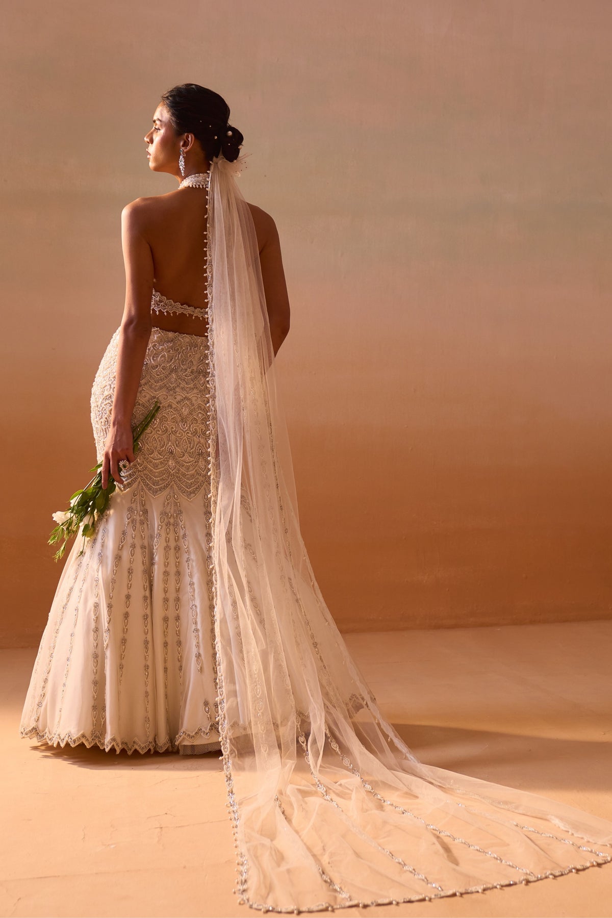 Ivory Fishtailed Skirt With Pearl Work