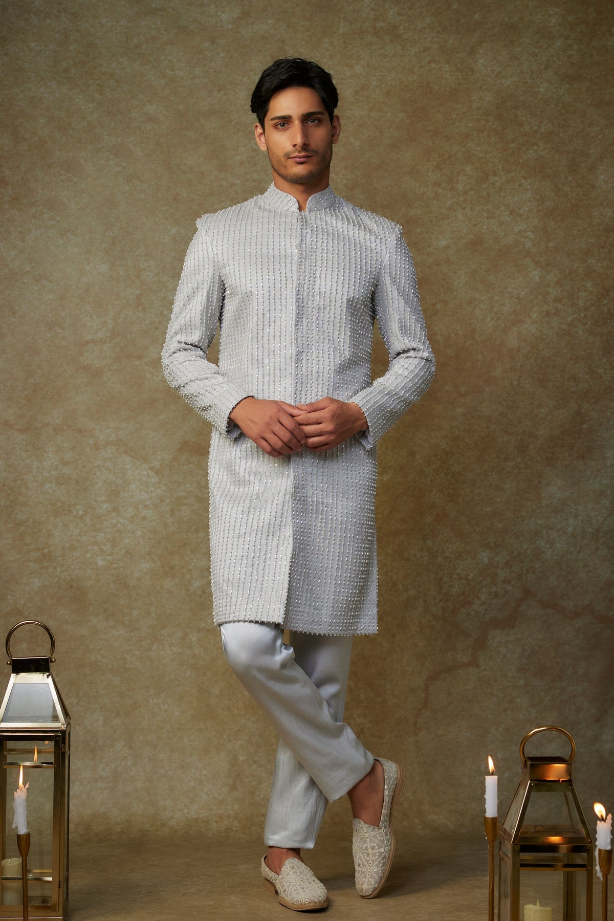 Grey Embroidered Sherwani Set