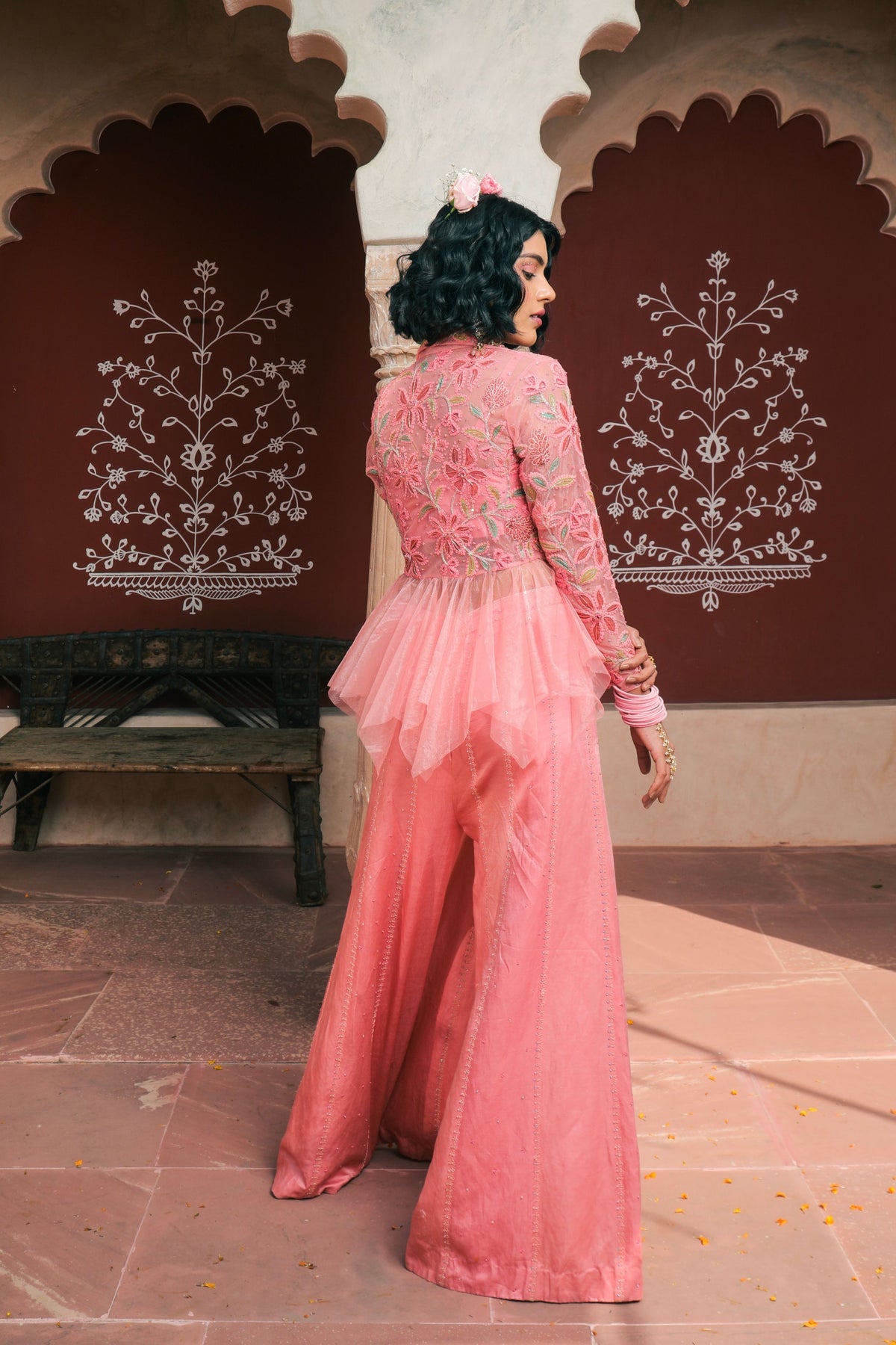 Peach Embroidered Sharara Set