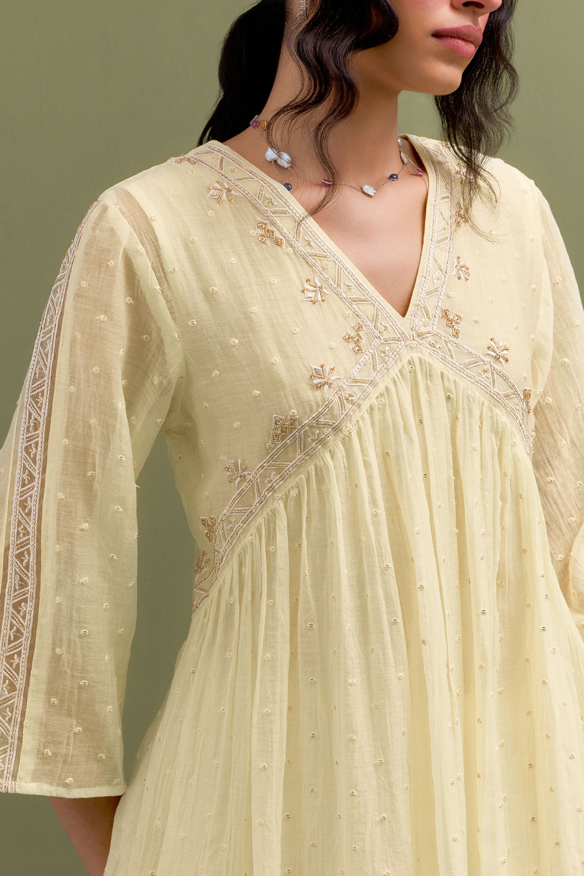 Yellow Embroidered Gather Kurta Set With Dupatta