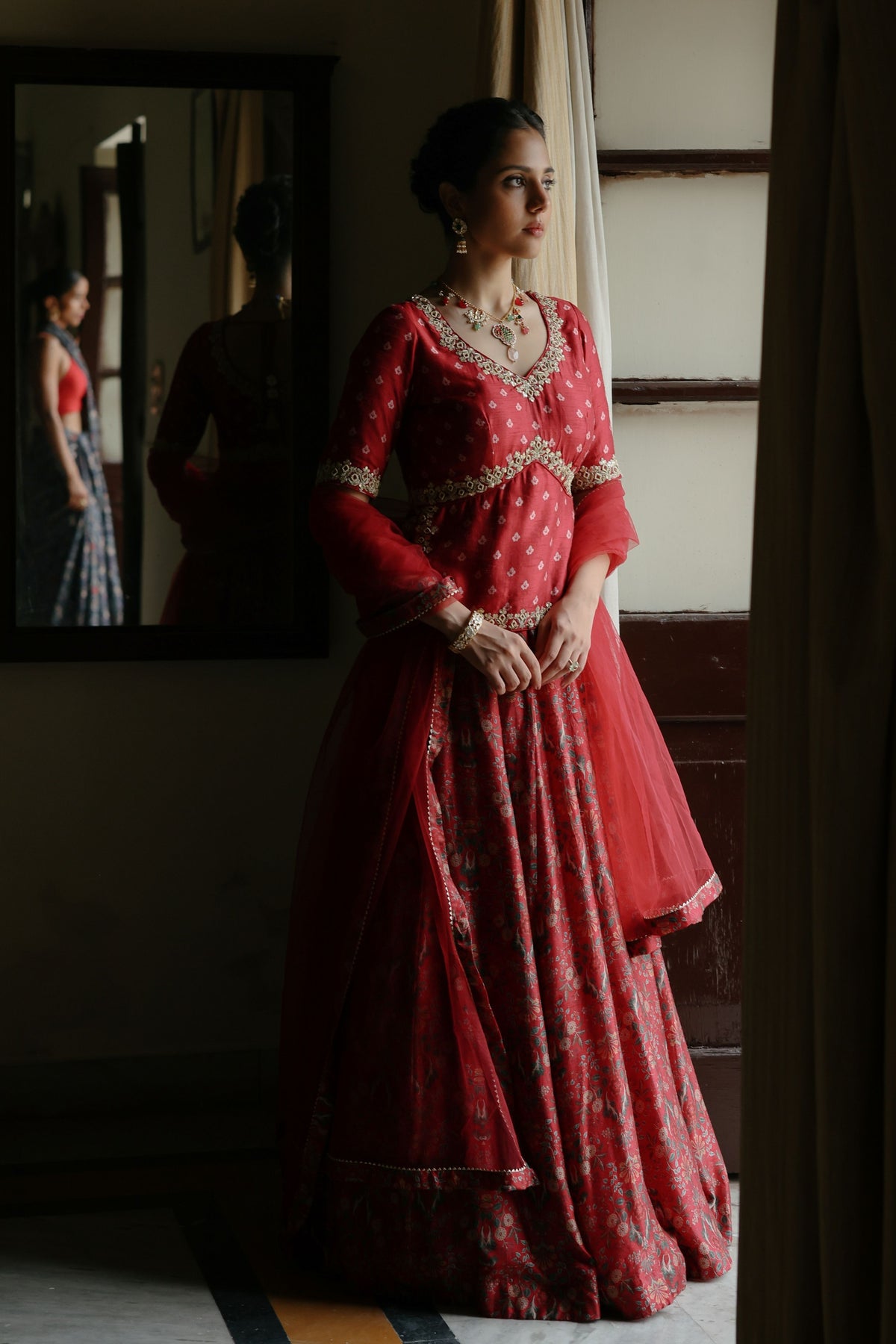 Red Embroidered Lehenga Set