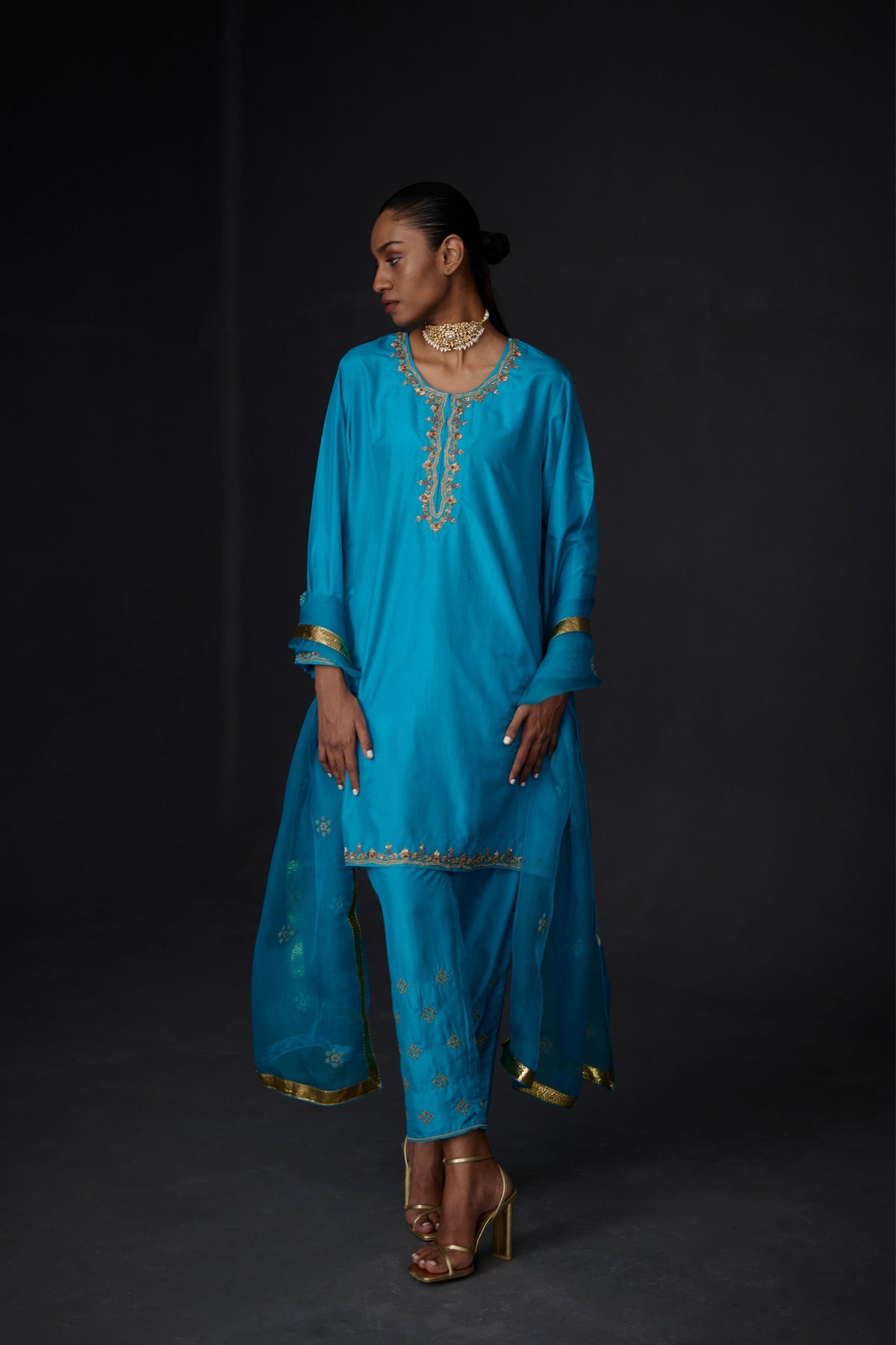 Turquoise Embroidered Tunic With Trouser