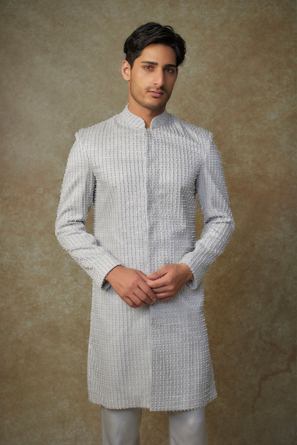 Grey Embroidered Sherwani Set