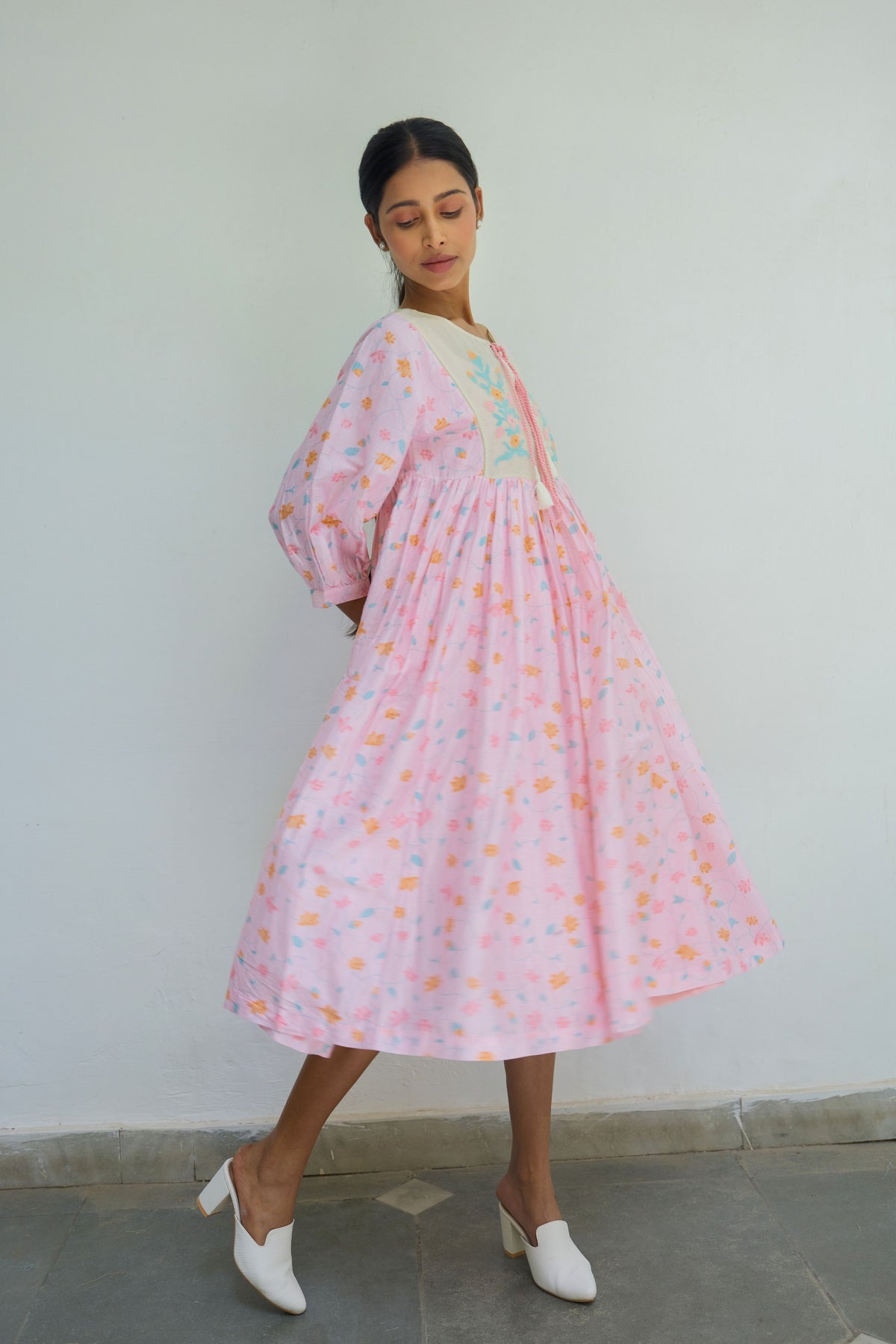 Pink Floral Chanderi Dress