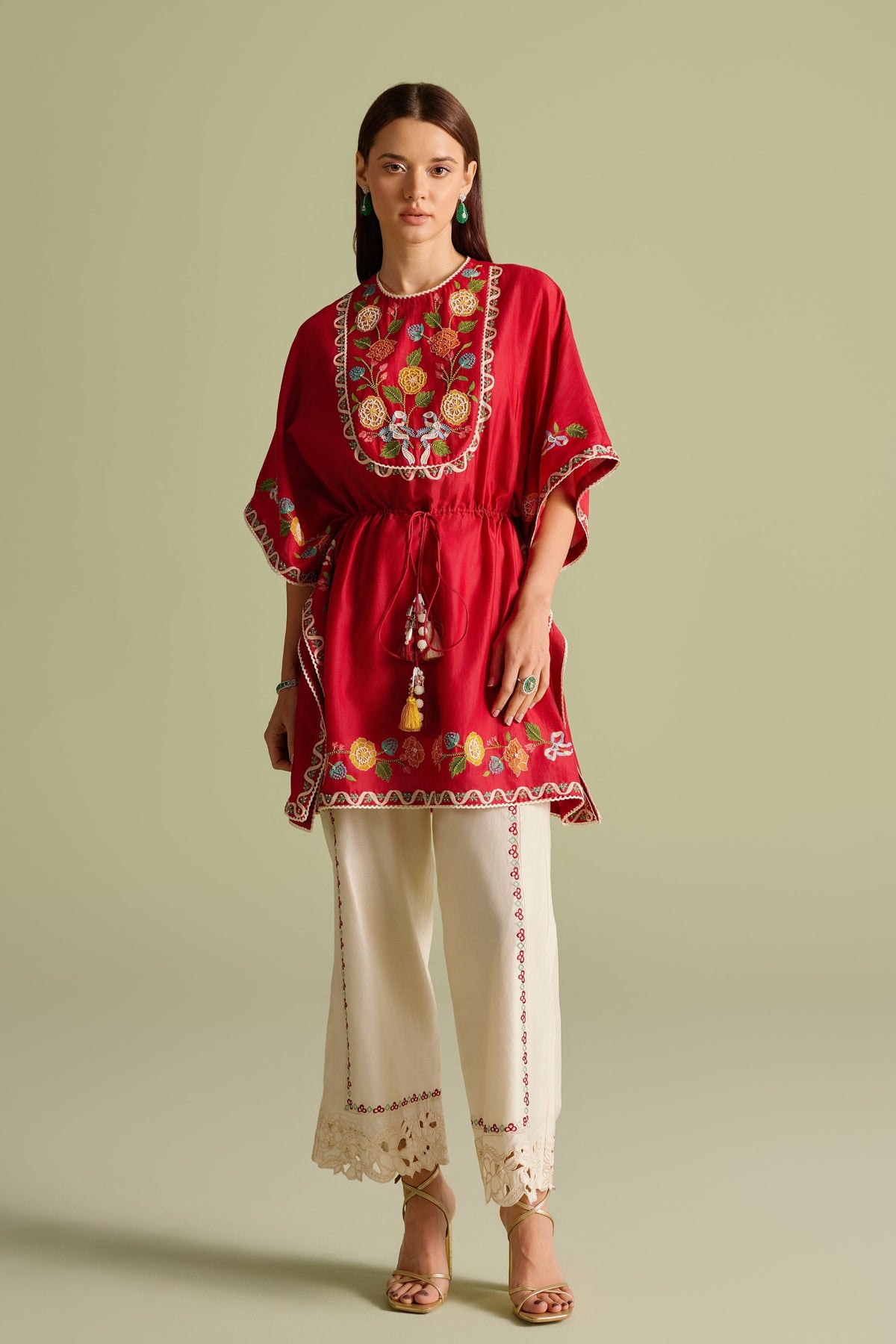 Red Embroidered Yoke Kaftan