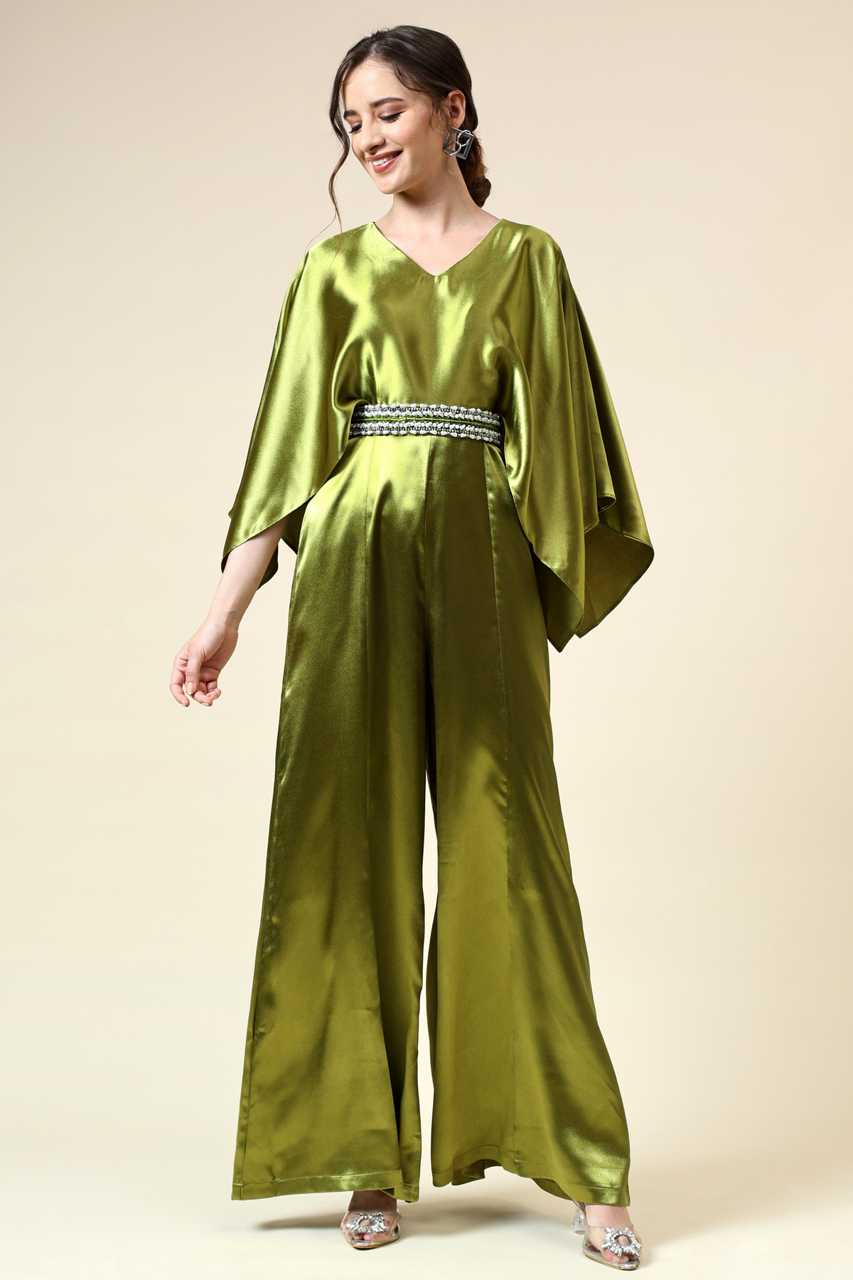 Metallic Green Jumpsuit With Crystallised Belt