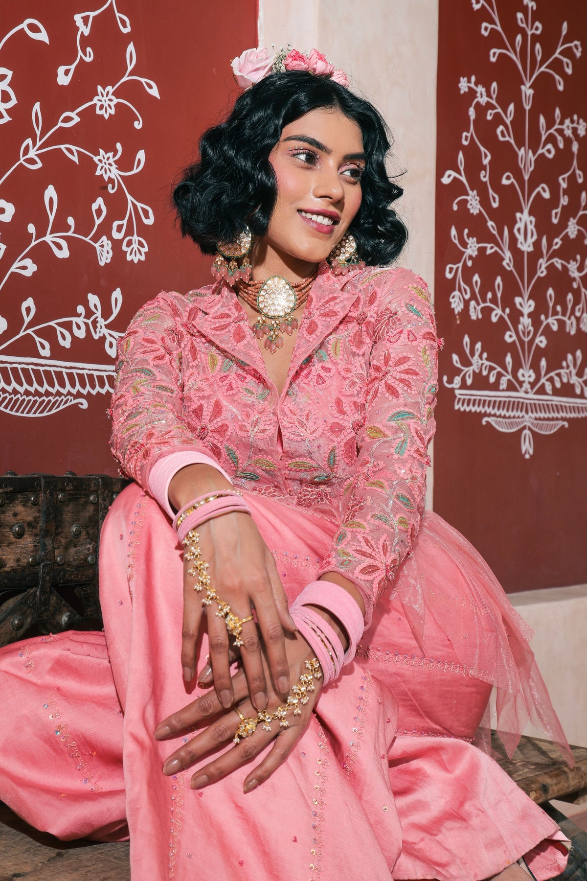 Peach Embroidered Sharara Set