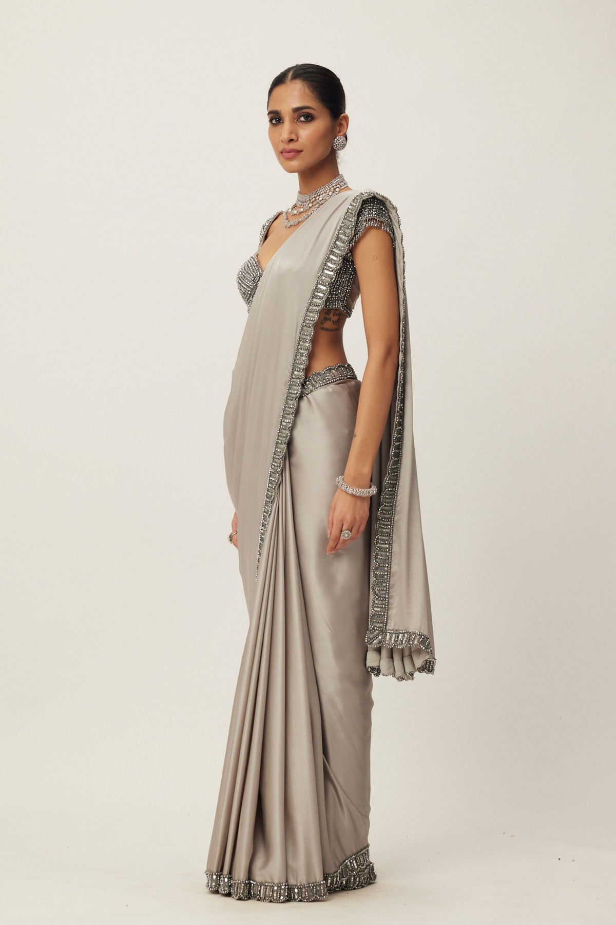 Crystal Grey Satin Saree Set